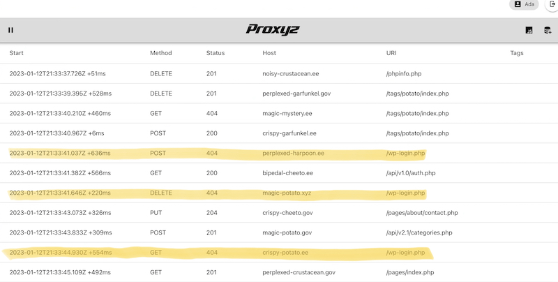 Network request log with a request to `wp-login-php` highlighted